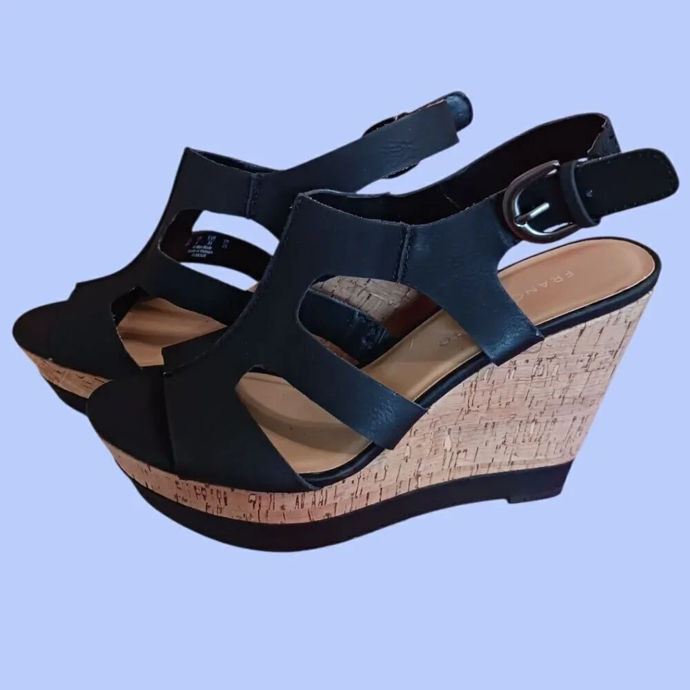 Franco Sarto Black Wedge Sandals Open Toe Cork Wedge Size 8M
